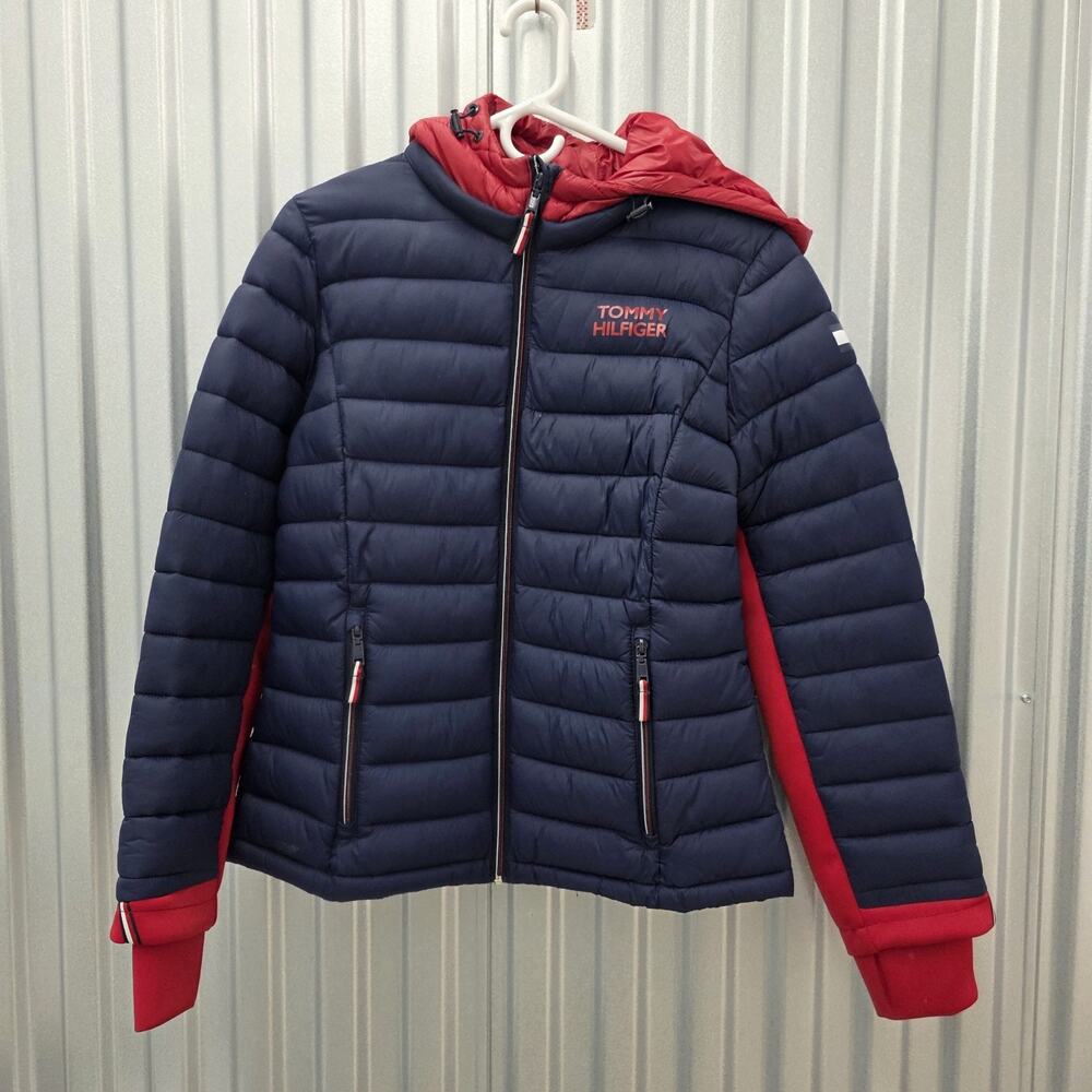 Tommy Hifiger Women's Puffer Hooded Packable Jacket Navy Red Size M Lightweight
